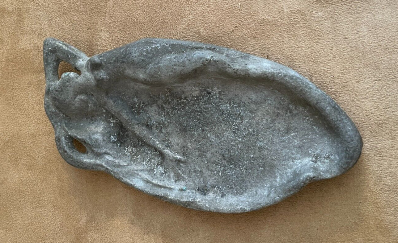 Art Nouveau Pin Tray Card Dish Nude Nymph Figure 7″ antique love you woman metal