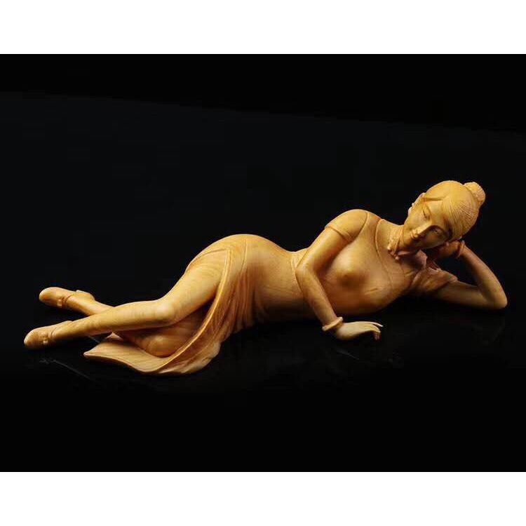Cypress Boxwood Cheongsam Lady Statue Wooden Beauty Figure Carving