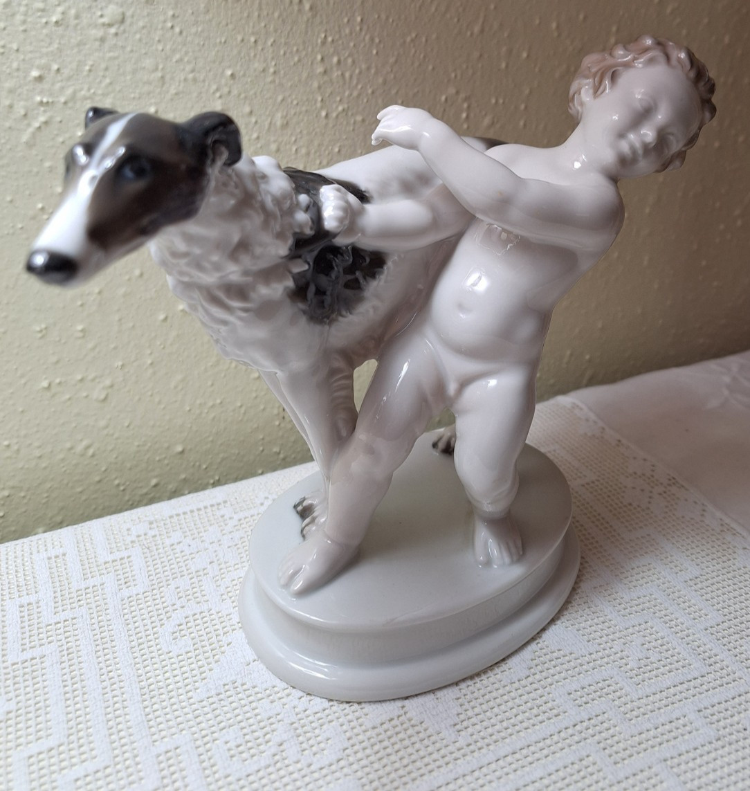 Rosenthal Porcelain Borzoi Dog and Putti Figurine Wolfhound Selb Germany 1282