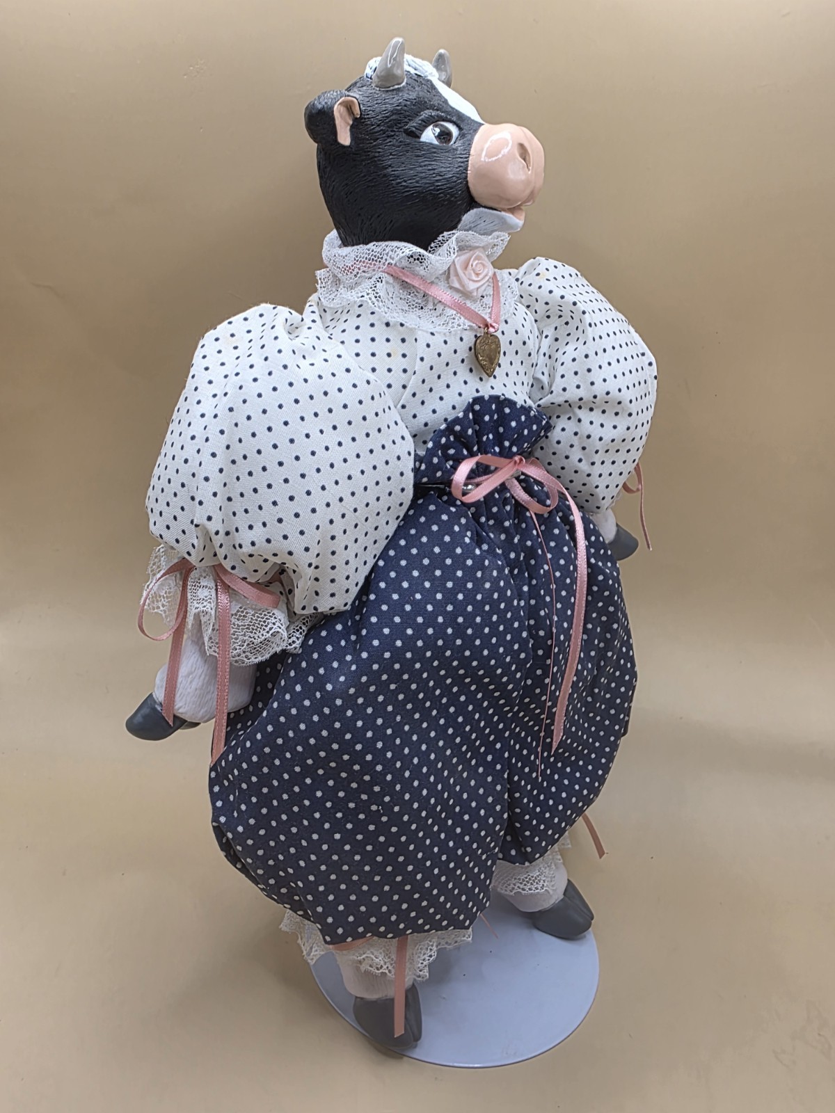 Vintage 1991 Wang’s International Country Farmhouse Ceramic Cow Doll with Stand