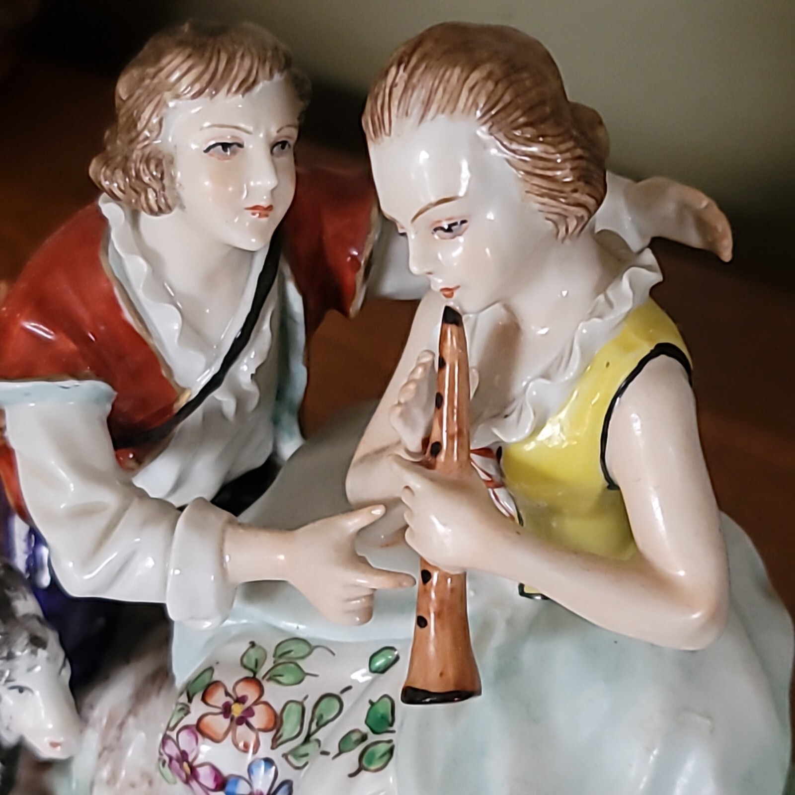 FINE SITZENDORF / DRESDEN FIGURE – COUPLE PLAYING FLUTE & goats – EXCELLENT
