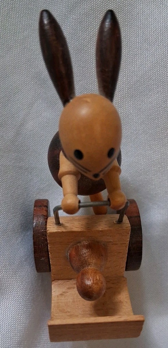 Vintage Goula Spain Wooden Rabbit Bunny Mother Pushing Cart Figurine Collectible