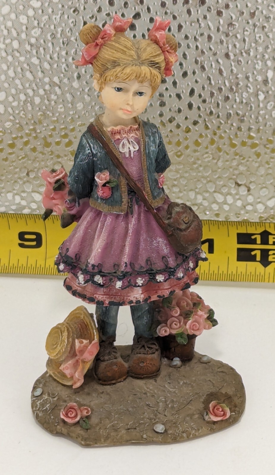 Little Girl Blonde Hair Pink Dress and Hat Roses Figurine