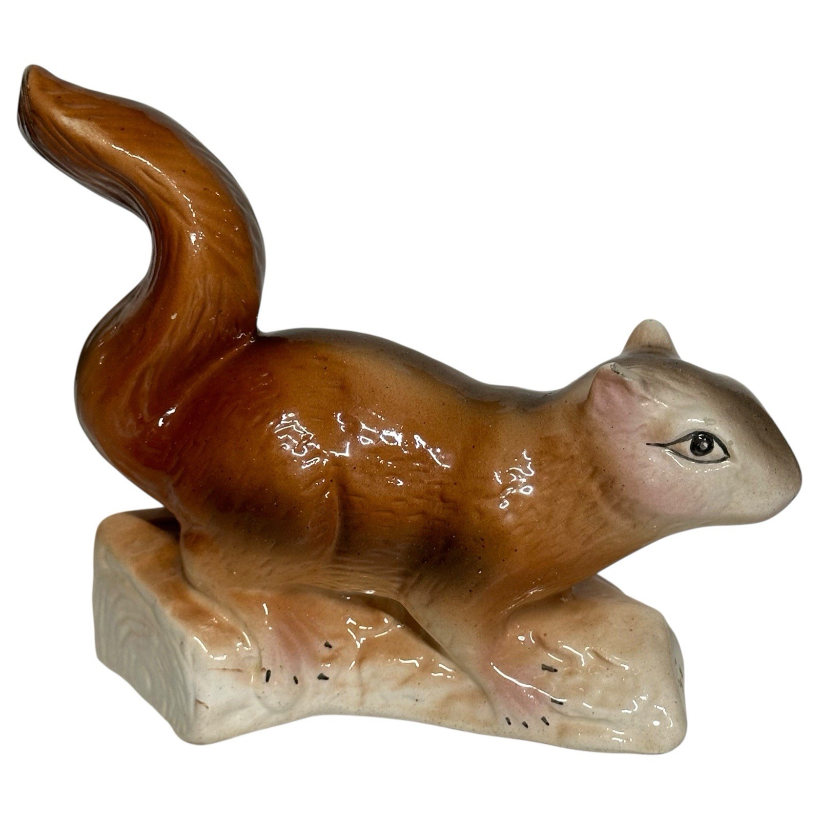 VTG Squirrel on Log Figurine MCM Anthropomorphic Ceramic 1960s Airbrush Kitschy