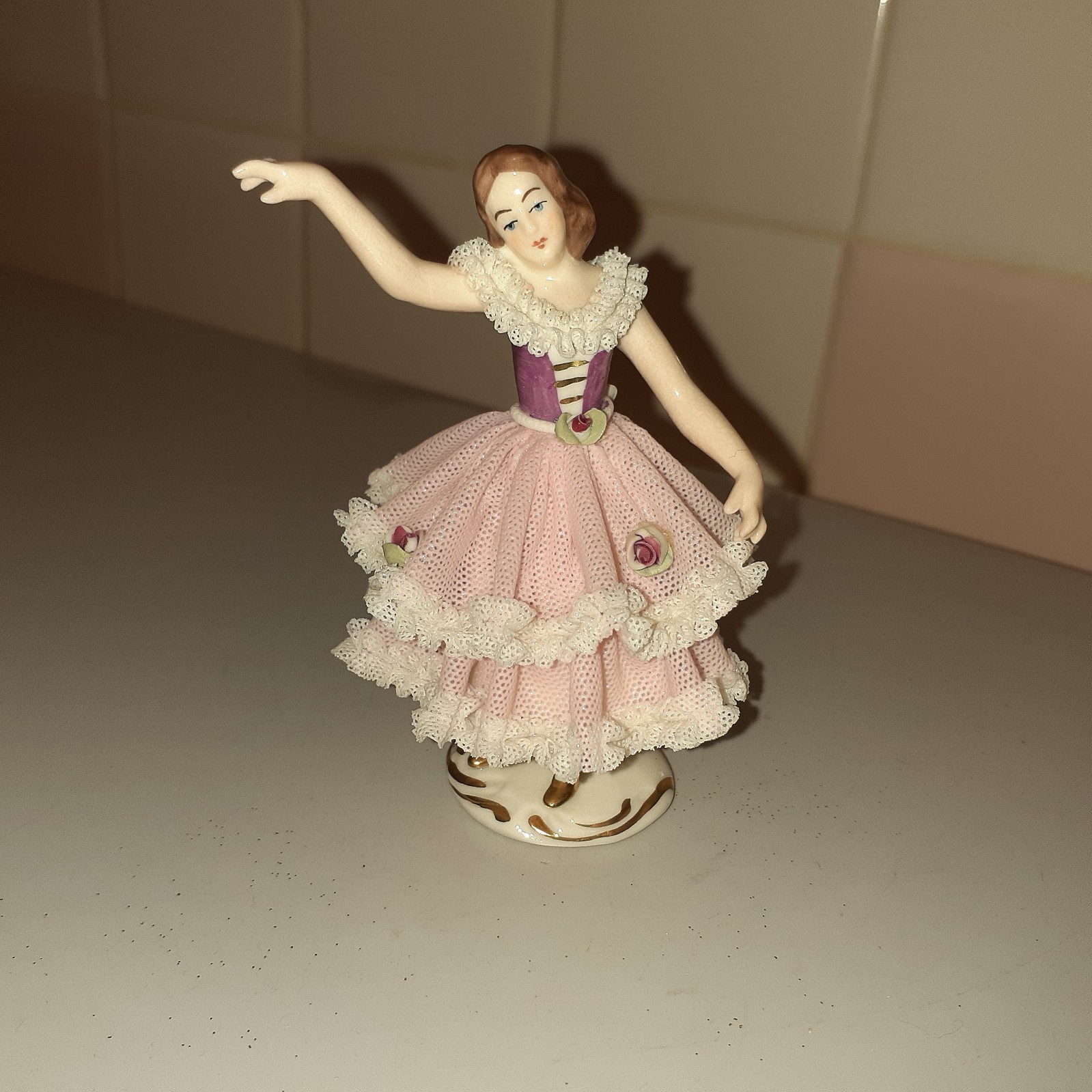Vintage Dresden Germany Porcelain Lace Lady Figurine 3.7″ tall x 2.6″ x 2.2″