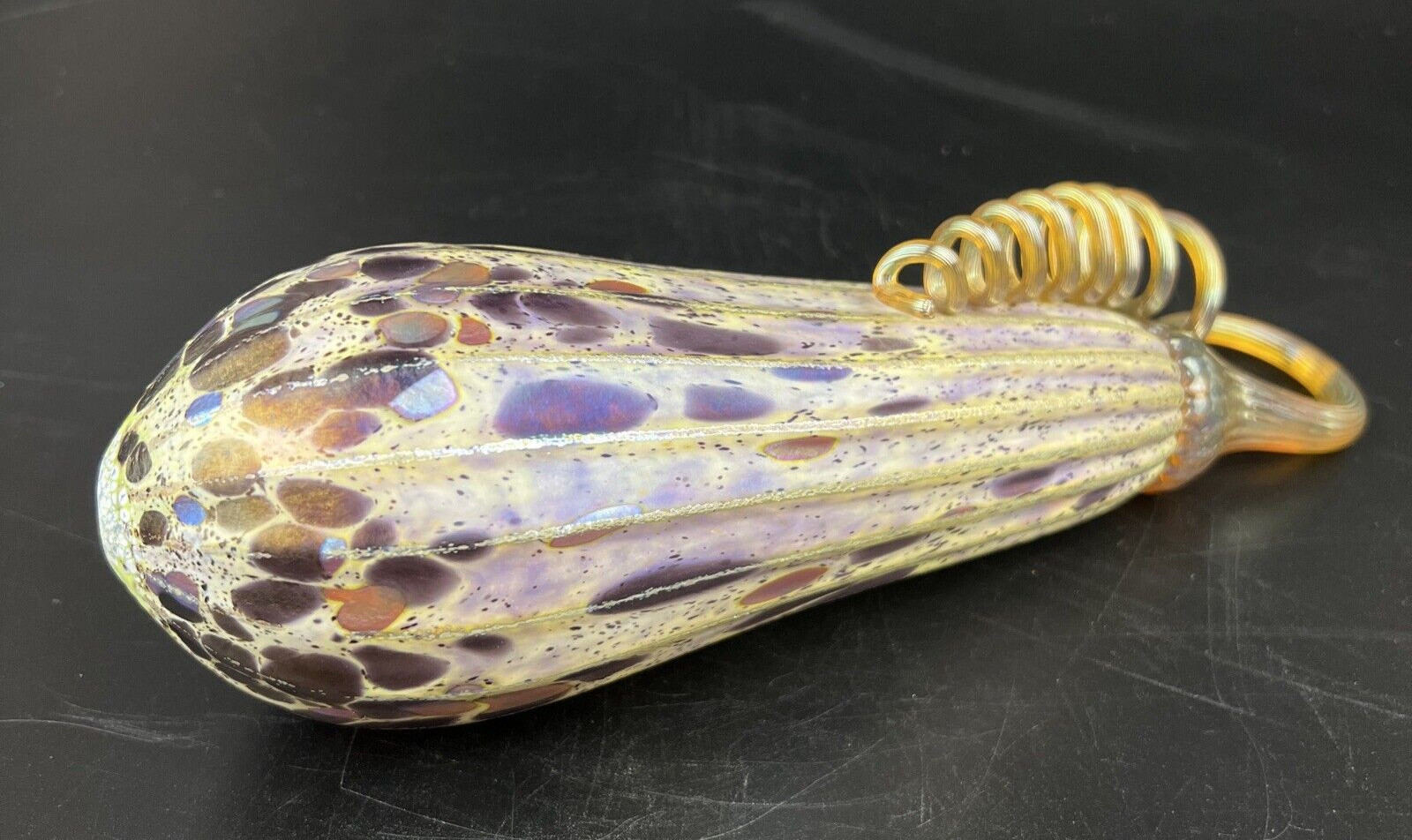 Art Glass Gourd ~ Cream w Metallic Purple ~ Silver Ribs ~ Gold Coiled Stem