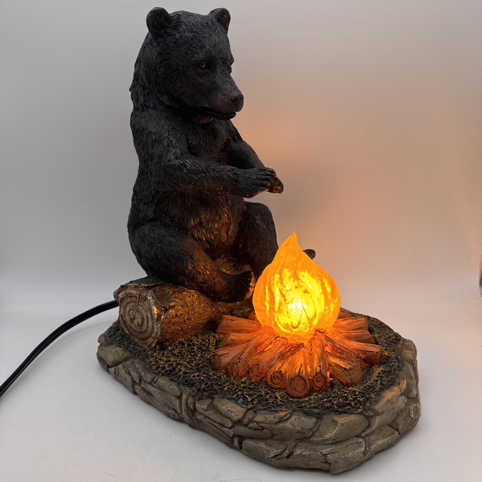 Ebros Rustic 10” Black Bear On Log Warming Paws By Campfire Night Light Statue