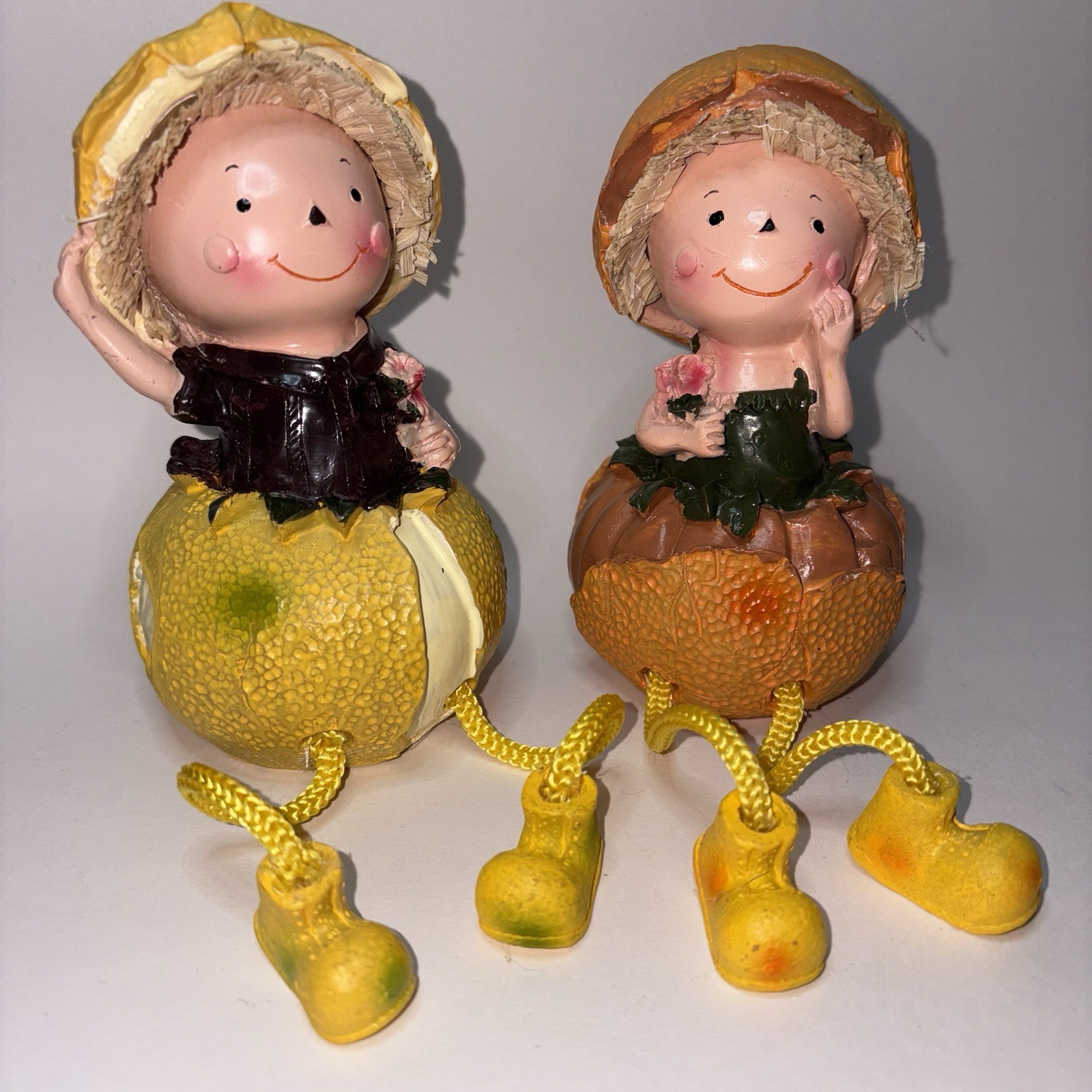 Lemon & Orange Dangling Leg Shelf Sitter Girl Figures Resin Kitchy Adorable 5”