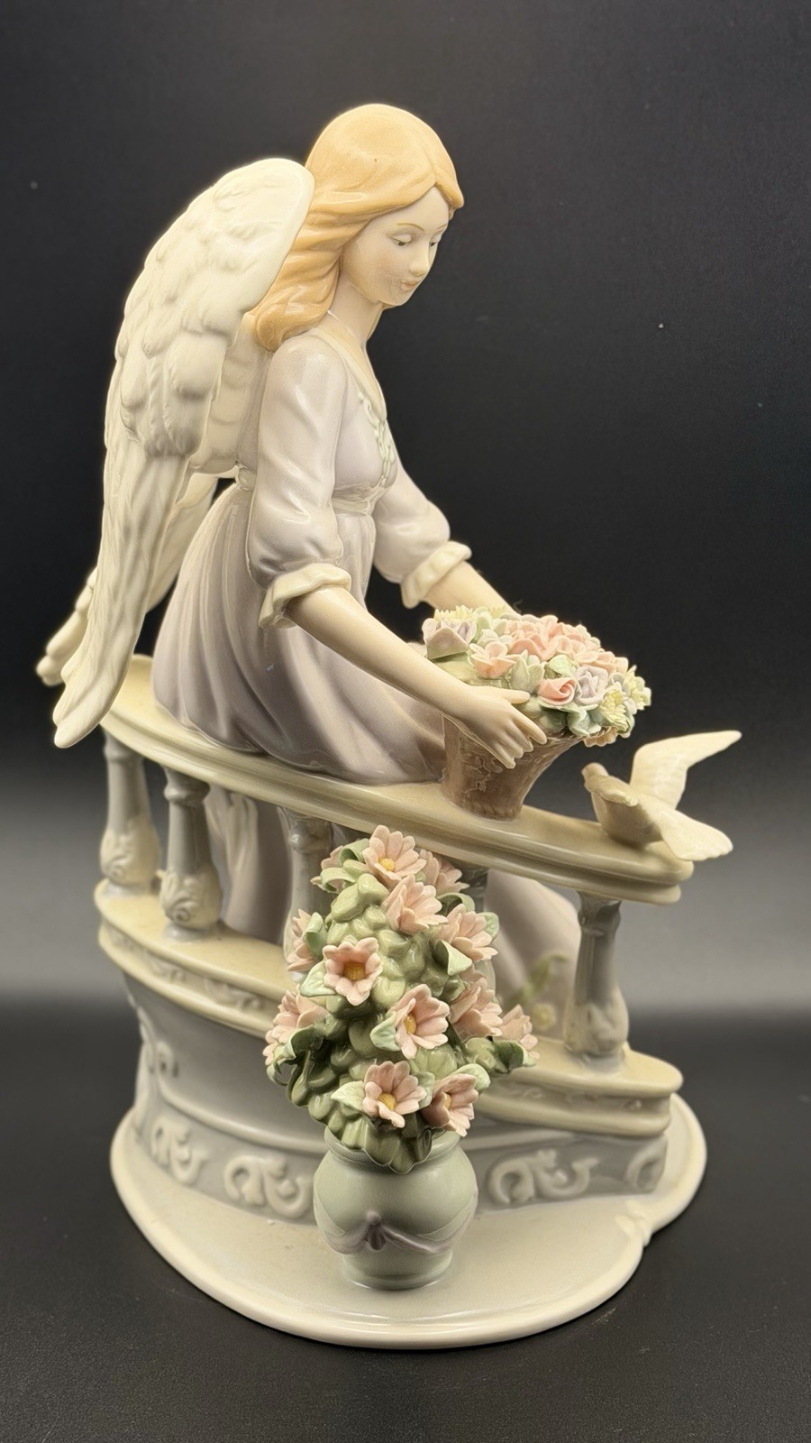 Grandeur Noel “Collector’s Edition” Porcelain Angel w/ Dove and Pedestal Flowers