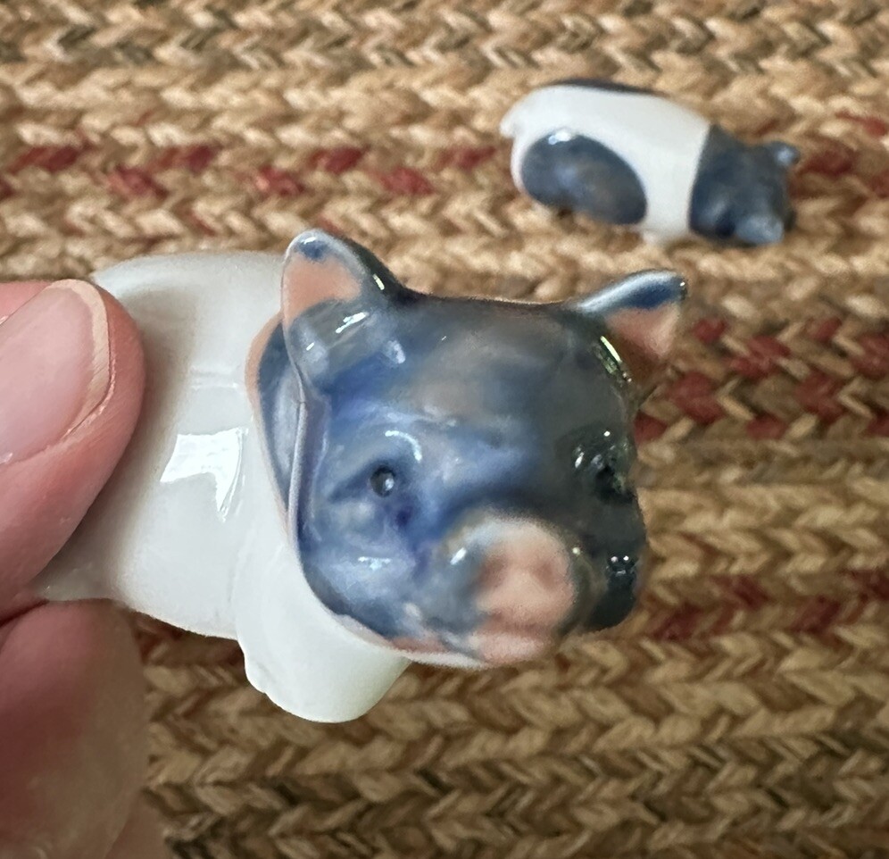 Otagiri Japan Miniature Pig Piglet Figurines Blue White Porcelain Small Set Of 2