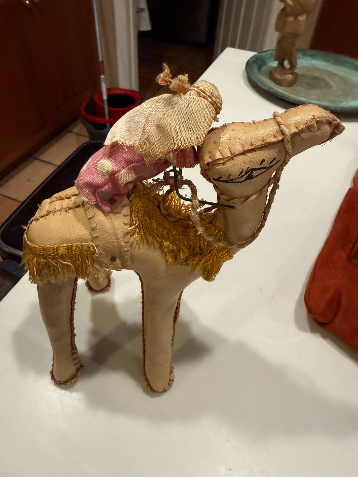 Vintage Handmade Leather Camel with Desert Rider Arabian Figurine 8″H X 7″L