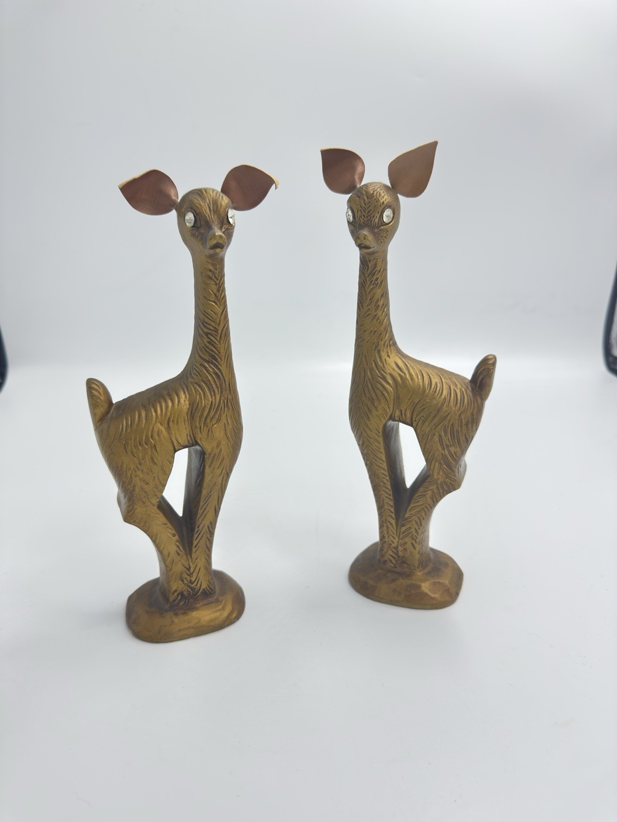 Vtg Mid Century Modern Pair 9″ Deer Figurines MCM Gold Ceramic Crystal Eyes