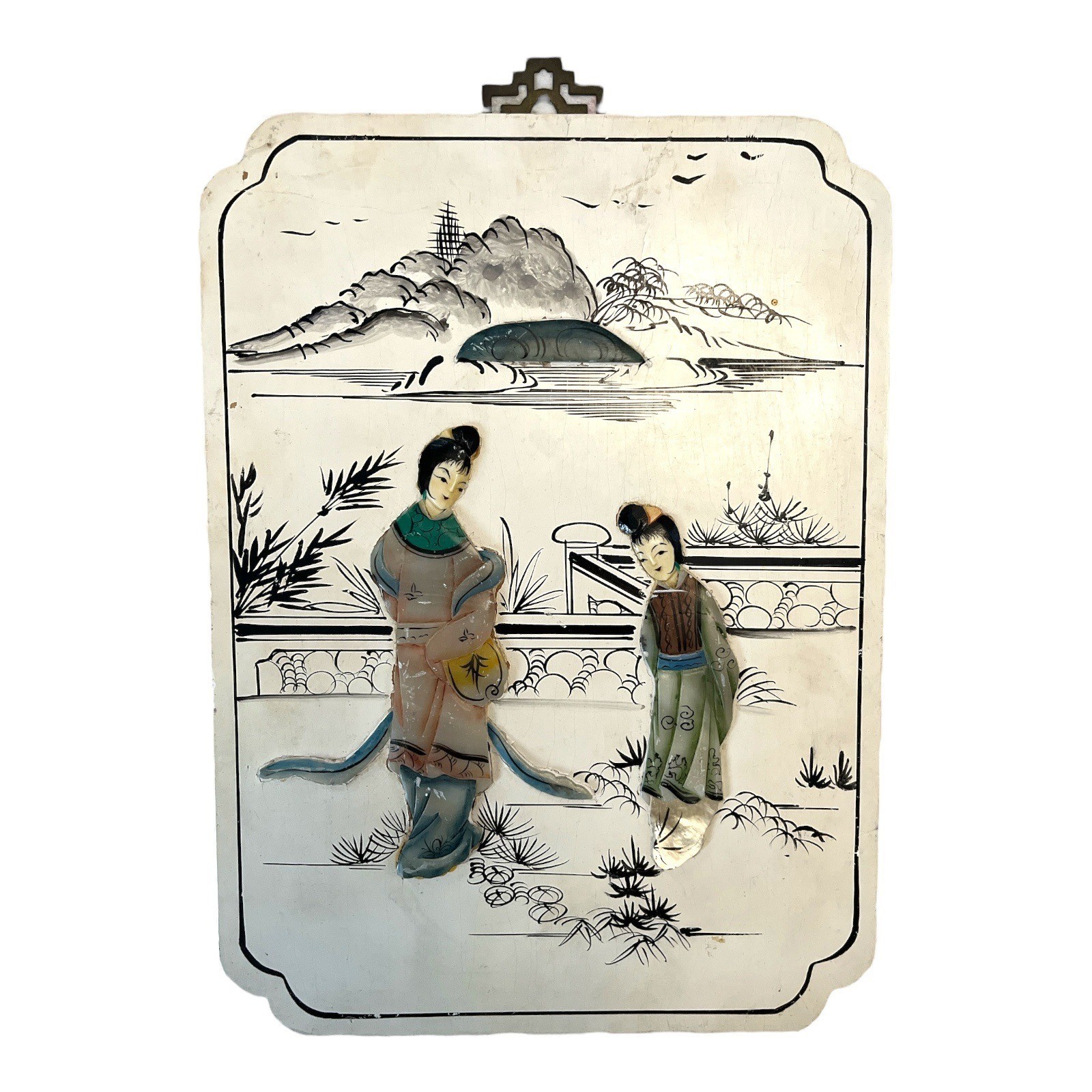 Vintage Macau Asian Wall Plaque Raised Figures Chinoiserie Decor 15×11