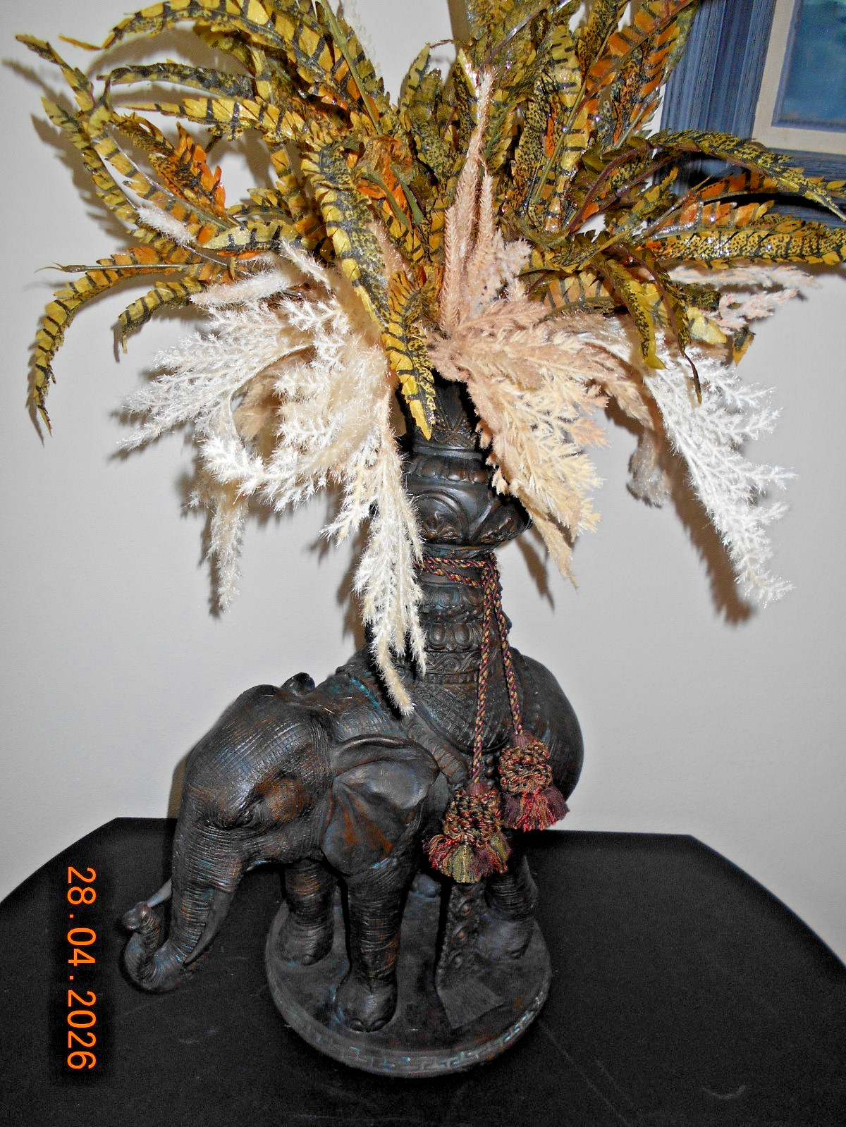 Exquisite Mailand Smith Bronze Elephant Sculpture/Vase w/ Silk Foliage 33″ tall