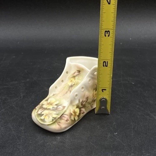 Victorian Ornate Lace Up Baby Shoe Figurine Yellow & Brown Flowers 1880?