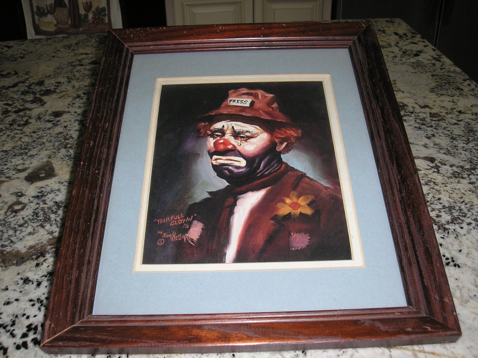 Jim Heller artwork “Tearful Clown” 76 Print/Copy Matted, Glass. Original Frame