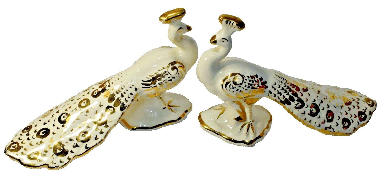 Vintage Ceramic Peacock Figurines Set of 2 White Gold Decorative Birds
