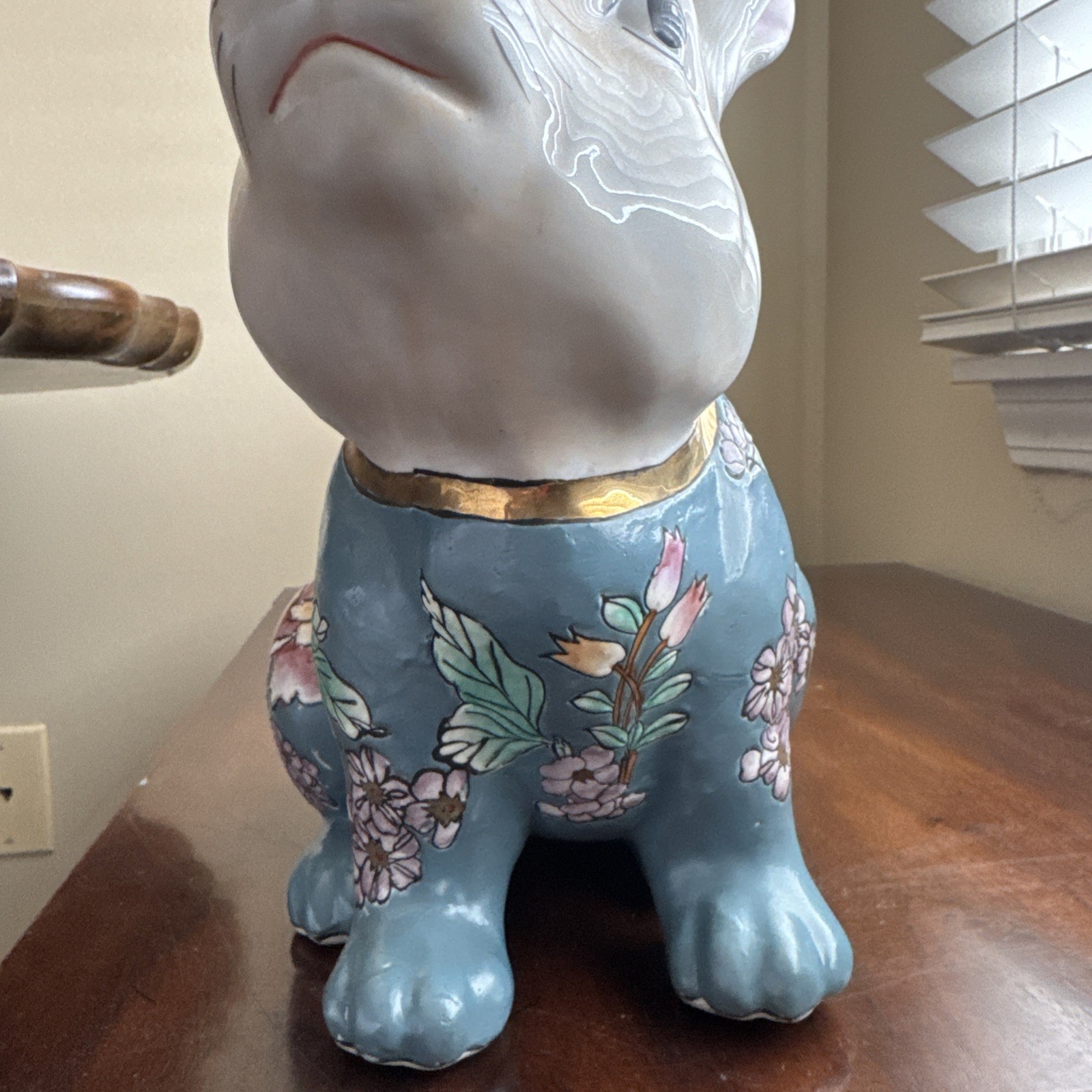 Large Porcelain Hand Painted Rabbit ,Teal Lavender Orange Metallic Gold 12 Inch