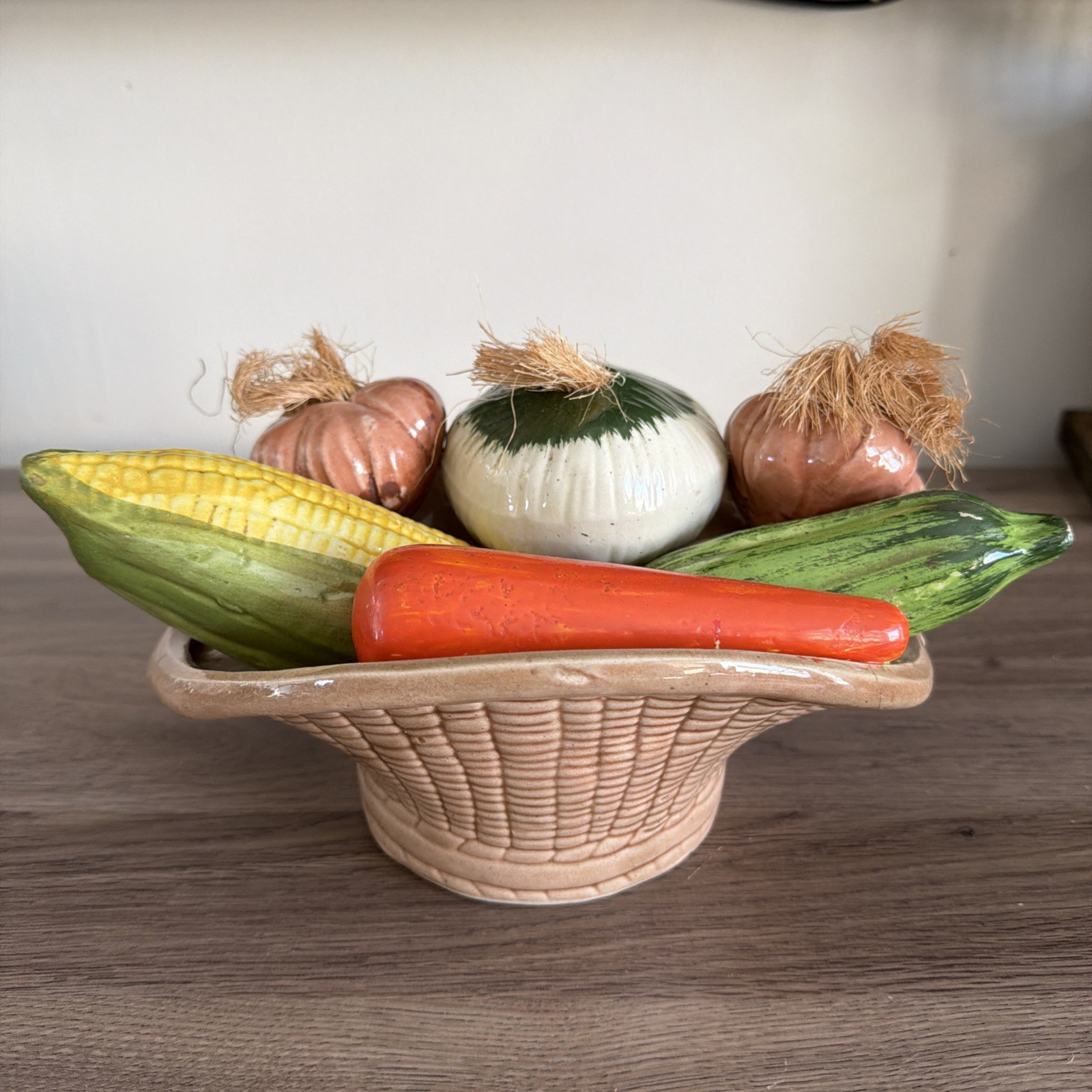 Vintage Hand Painted Ceramic Vegetables in a Bowl Centerpiece 11″ Basket Weave