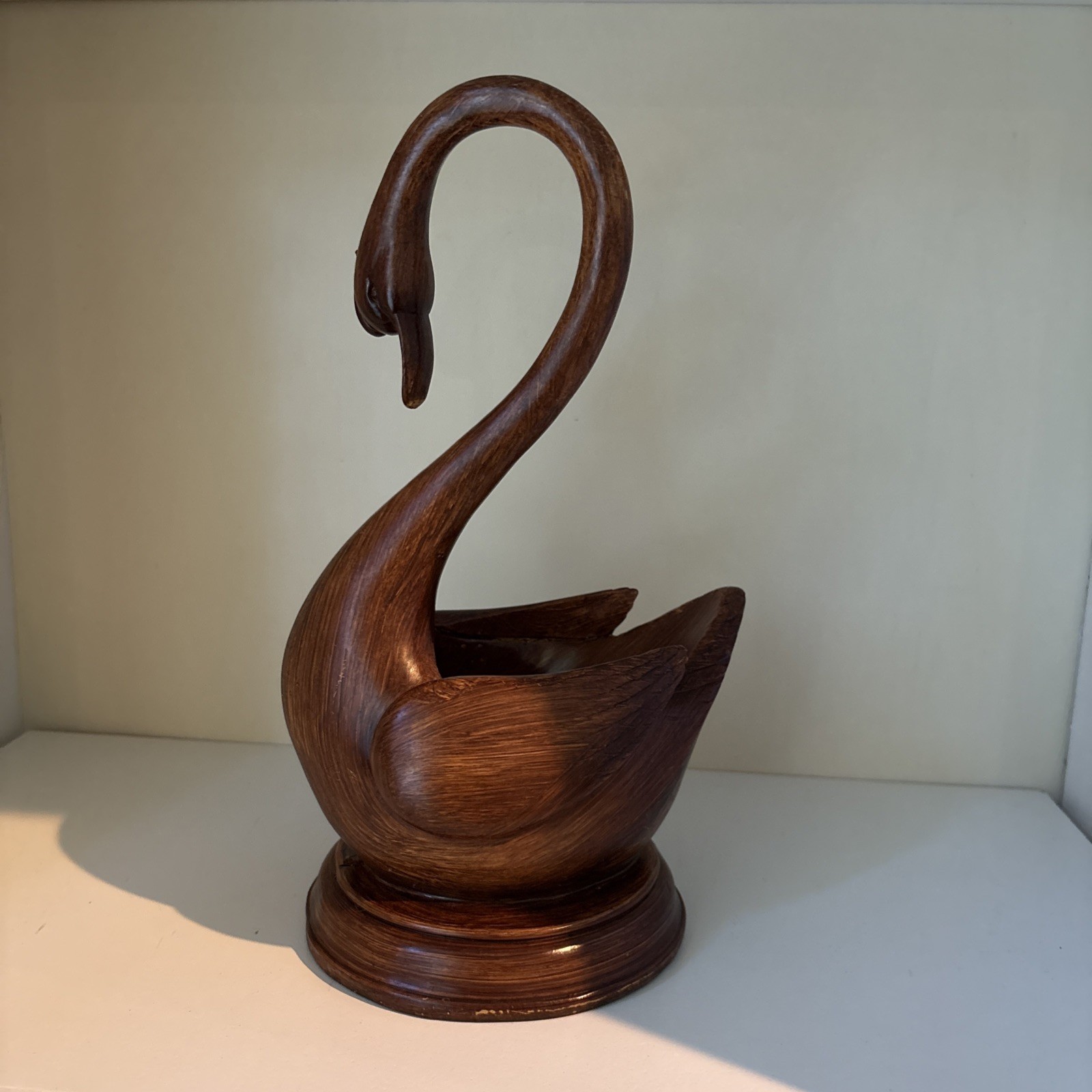 Vintage Wood Look Swan Planter Bowl Catchall Cottage Core FolkArt MCM Numbered