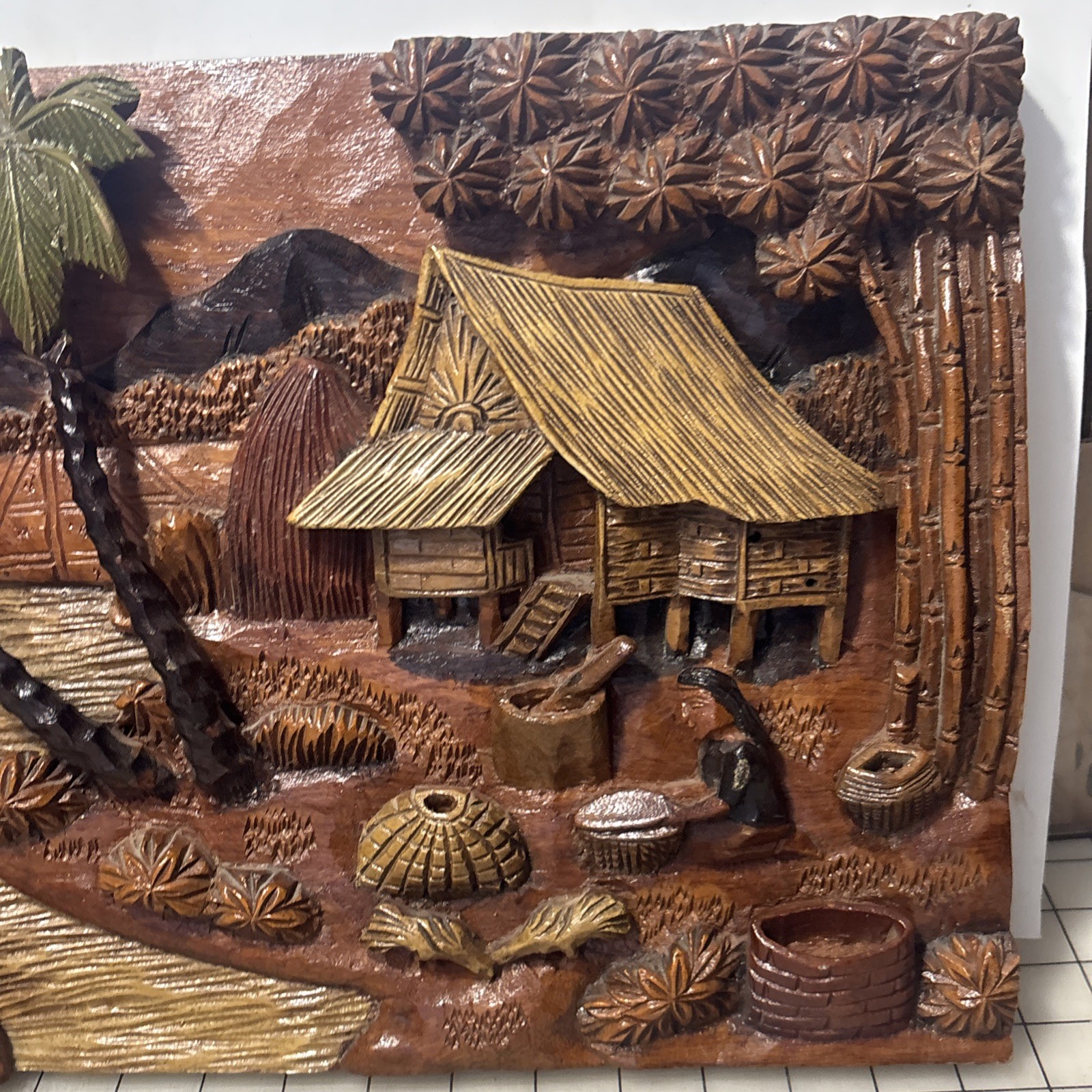 Pristine 25″ Vintage Philippines 3D Wood Relief Panel 1960s Peace Corps Carving