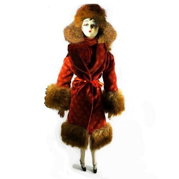 Sophisticated Boudoir doll. Flapper girl. Vintage 80’s. 29″ w/ coat & hat.