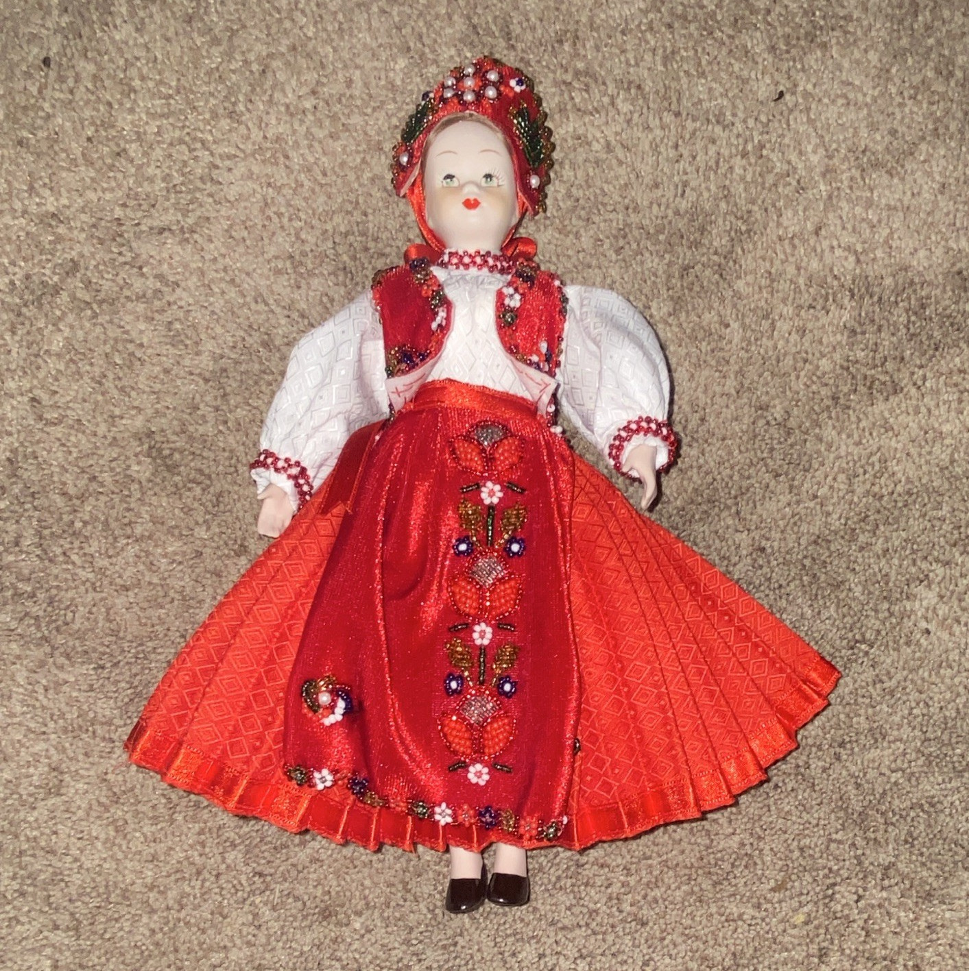 Porcelain & Fabric Folk Art Girl Figurine Red/White Floral Dress 3D Effect