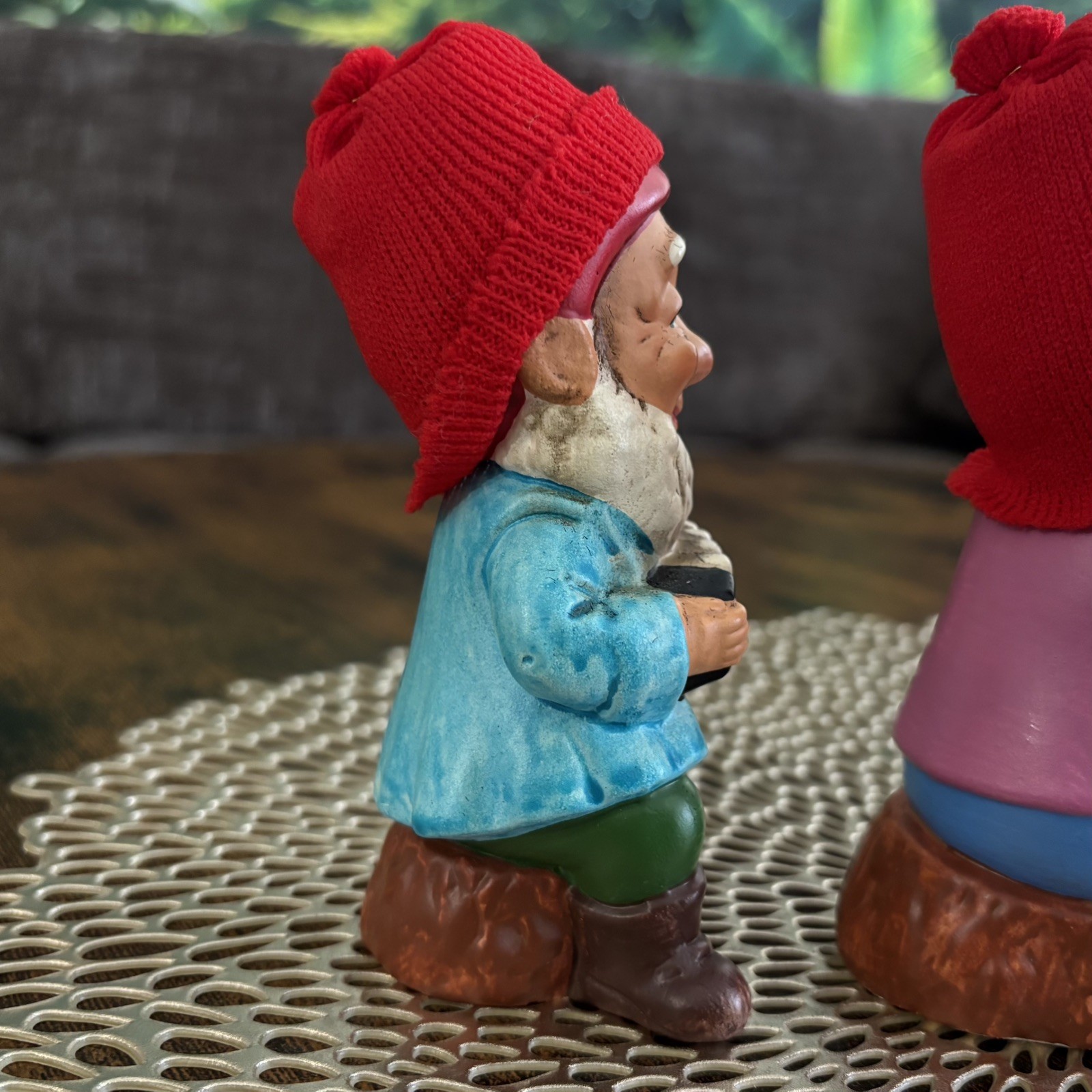 Vintage Figurines 3 Gnomes Playing Instruments Knitted Hats 5”