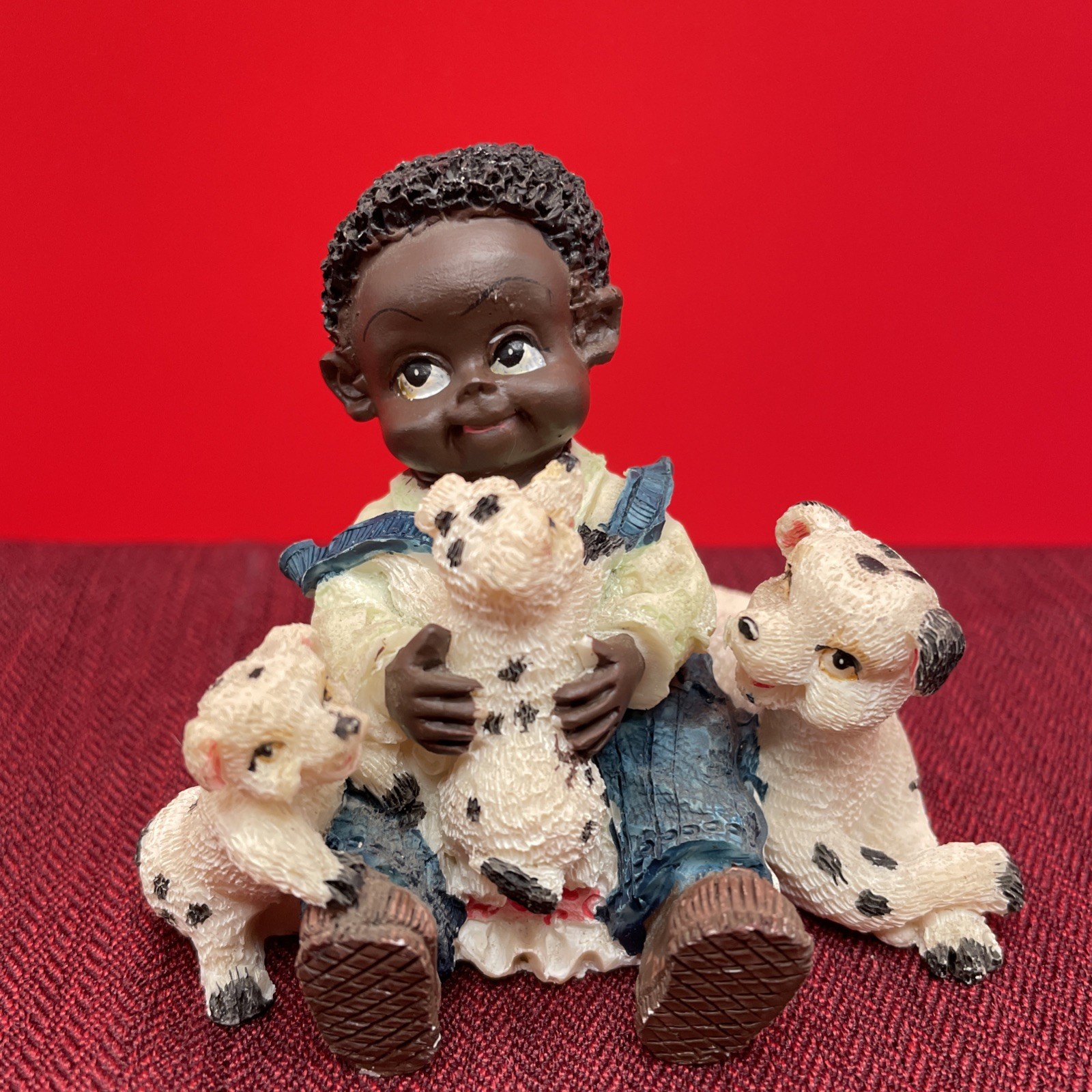 African American Black Young Boy Child Overalls Sitting Playing W Puppies Resin