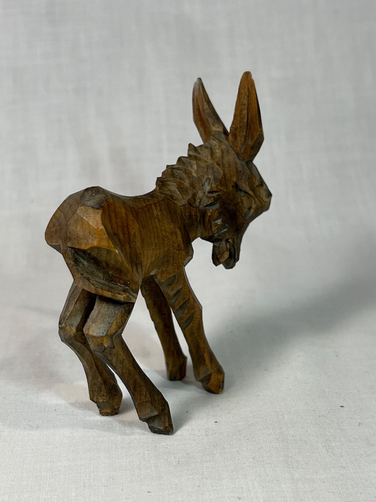 Vintage European Hand Carved Wooden Donkey Figurine Folk Art Faceted Style