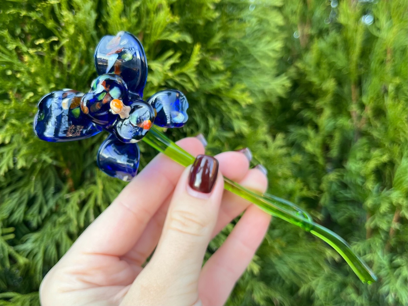 7″ Blue Glass Orchid Flower Figurine with Long Stem – Handmade Elegant Sculpture