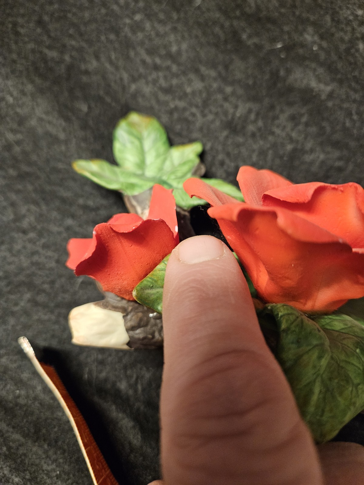 Vintage Porcelain Red Rose Figurine on Branch Hand Painted Matte Bisque Tiawan