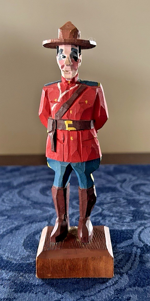 Vtg Rustic Hand Carved, Painted Wood Canadian Mountie Figurine Signed Hannah 6″