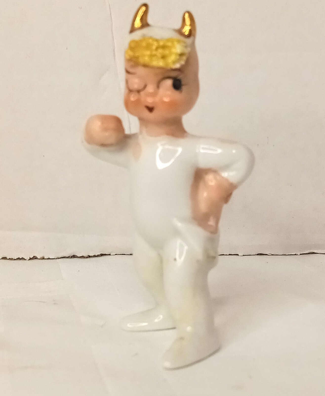 Lefton Vintage Lil Devil Standing Winking Spaghetti Hair 1950’s NO Pitchfork