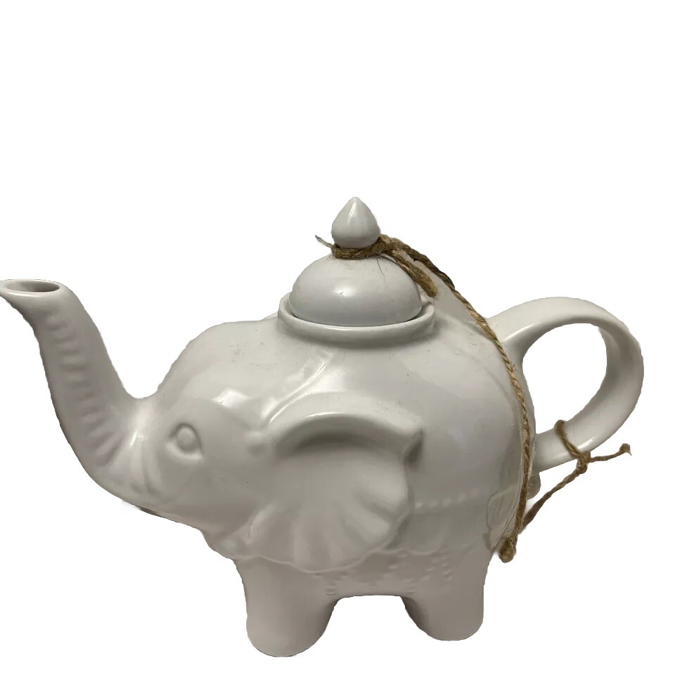 White Porcelain Elephant 28 oz Tea Pot -Dash Of That-Trunk Up Decorative