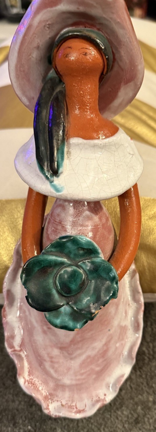Clay Terra Pottery Painted Eyes Woman Figurine Dominican Republic Flowers 8 In