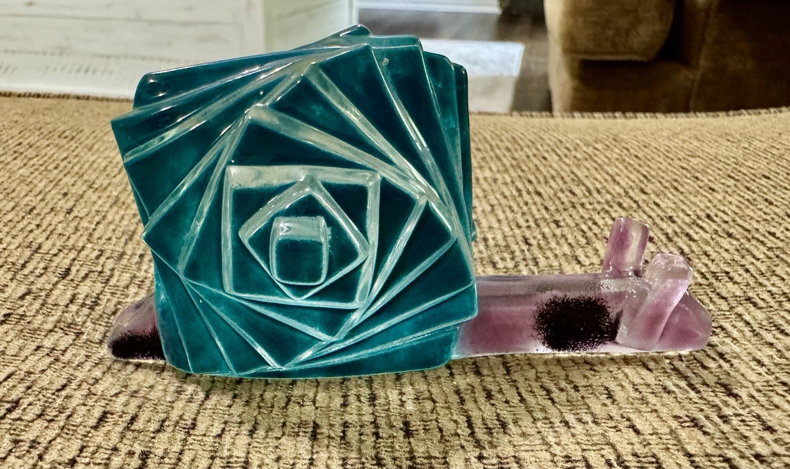Fused Glass Snail With A Fused Glass Rosette Body Teal Color. Approx 4.5 Inches