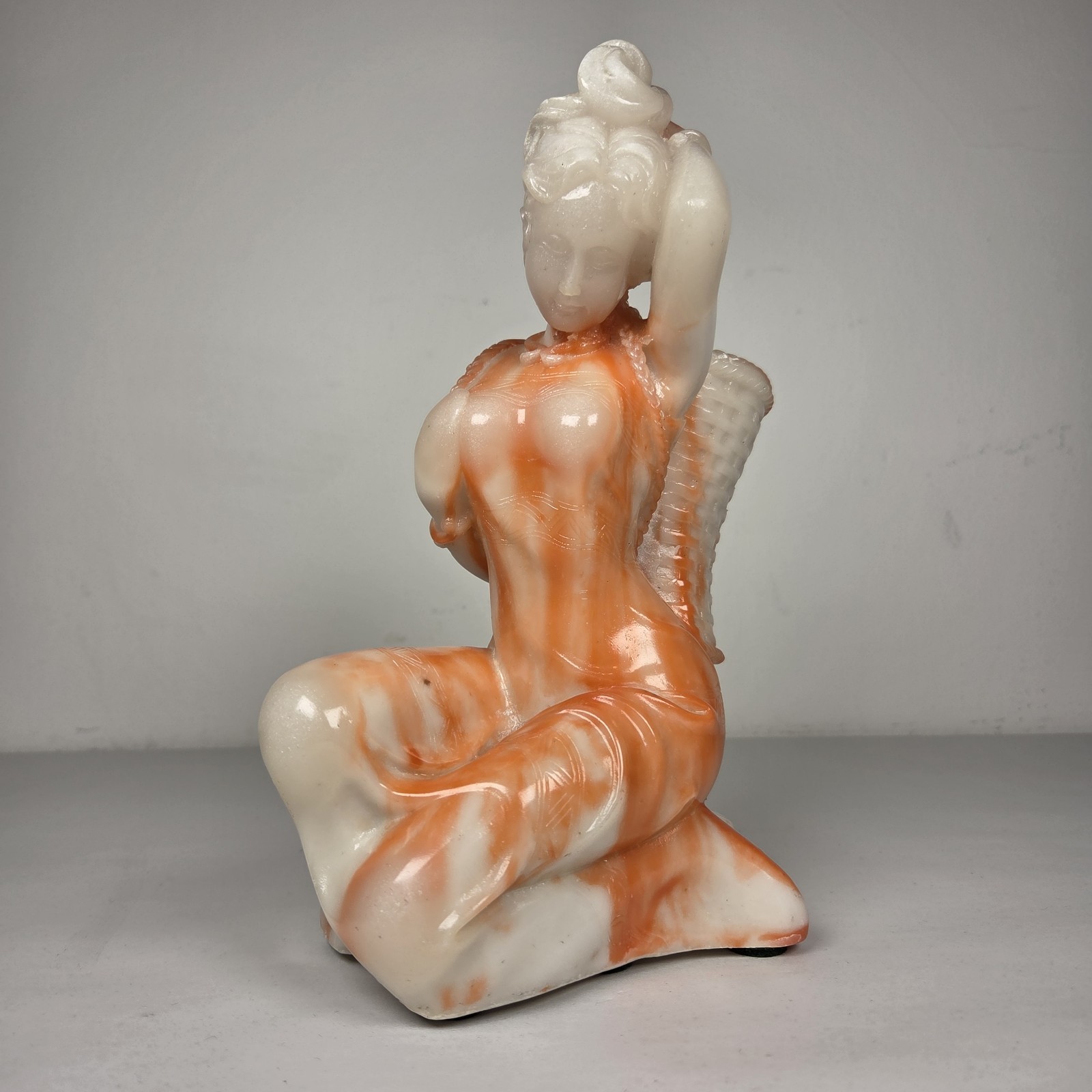 Chinoiserie figurine Woman with basket polished marble 9.5″