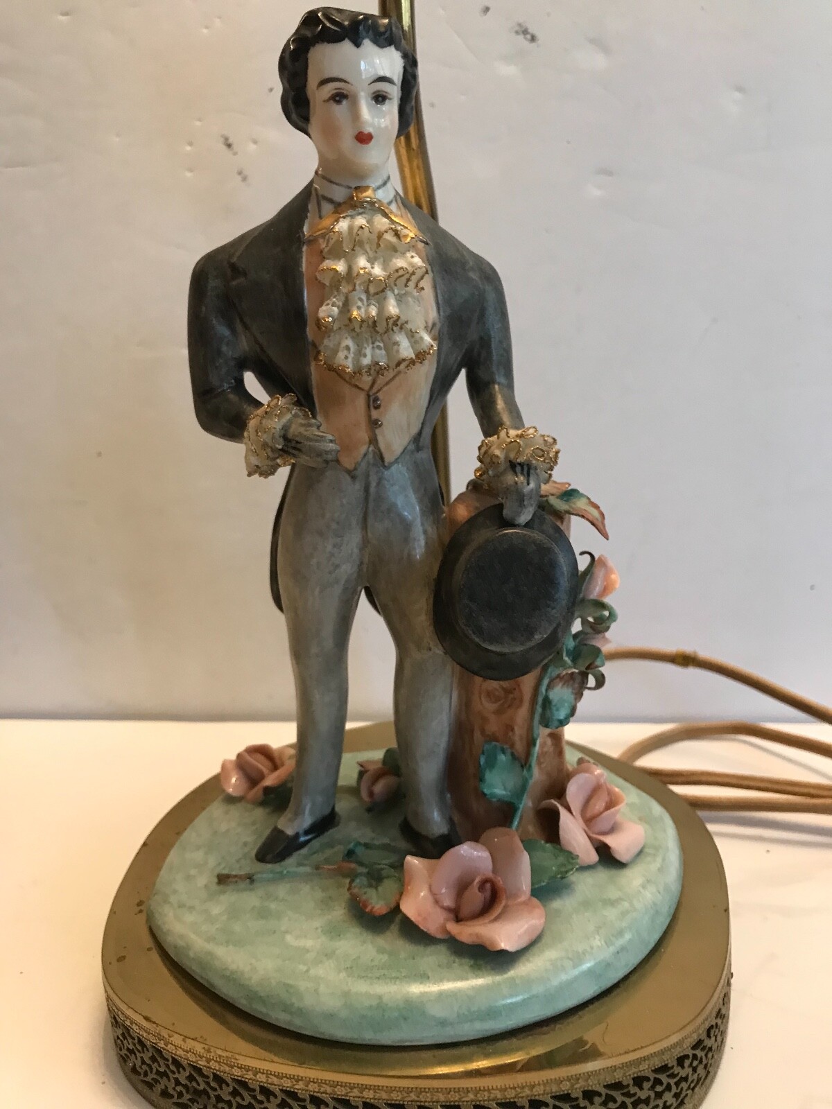 ANTIQUE/VINTAGE PAIR OF BOUDOIR LAMPS – LADY/DRESDEN LACE DRESS, MAN IN TAILS