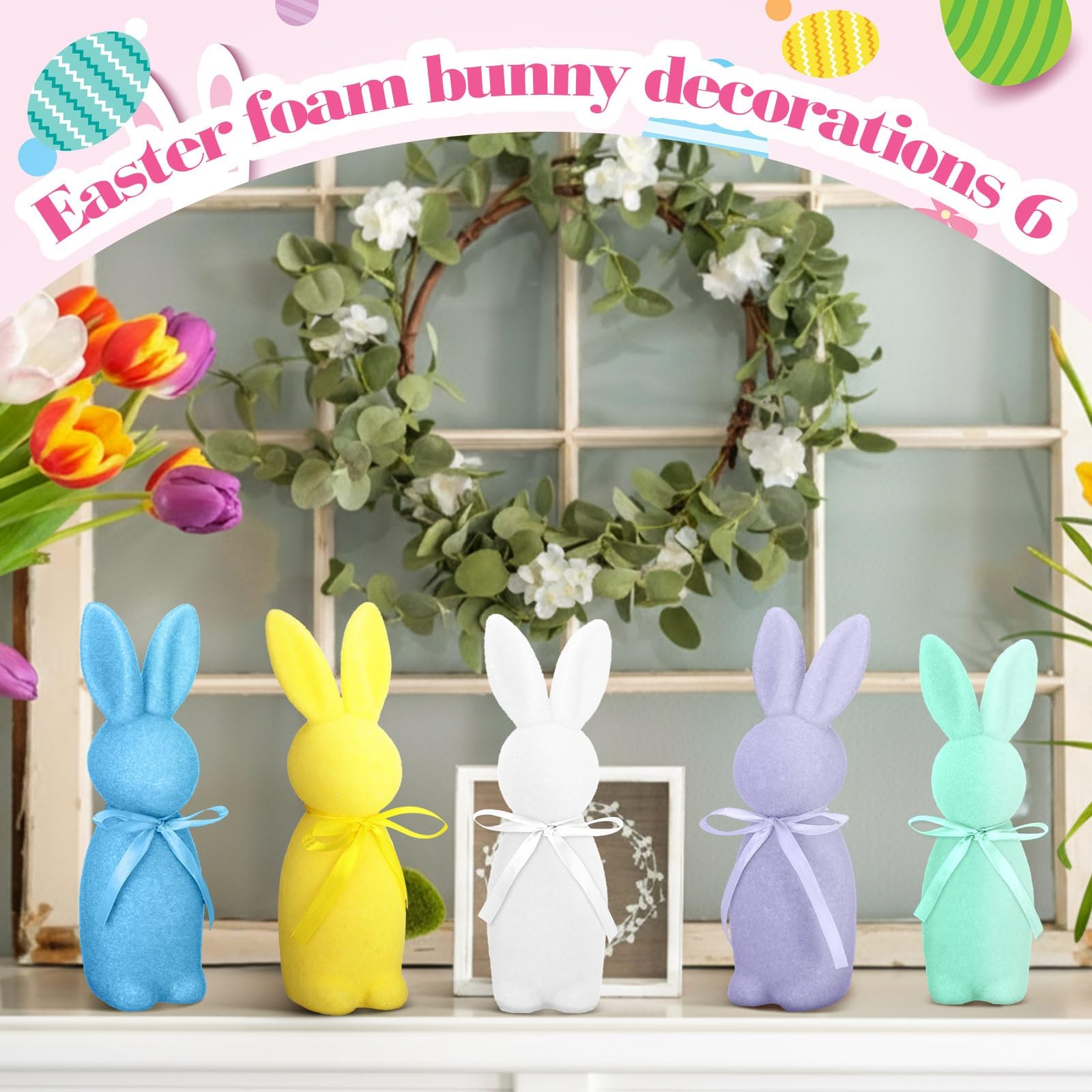 6 PCS 8.8 Inch Flocked Easter Bunny Figurines Flocking Rabbit Pastel Desk