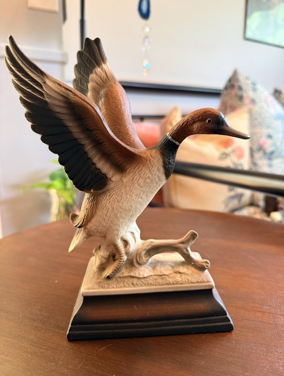 Brown Black Beige Resin Bird Figurine Statue, Painted Finish, Display Base 7 in