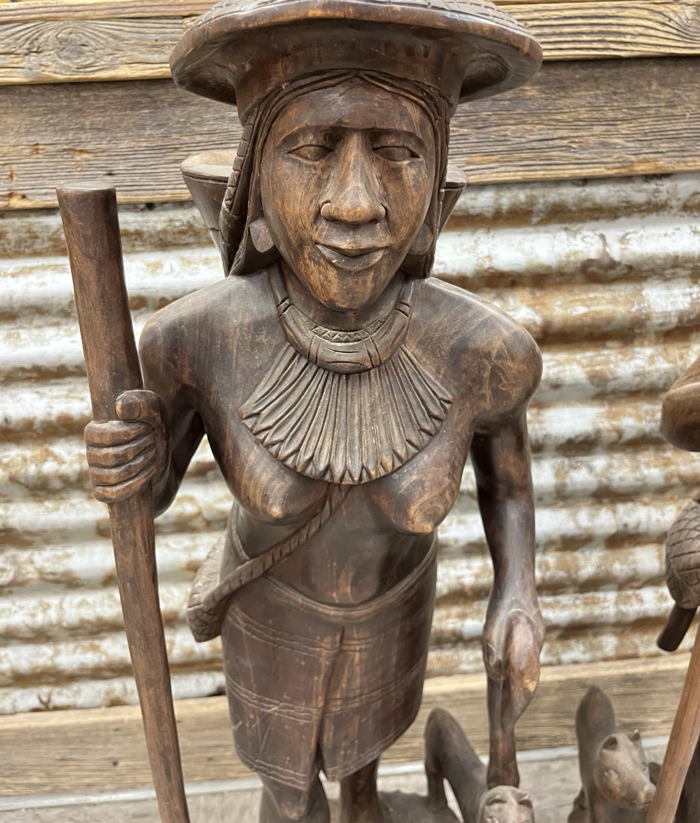 Pair of Igorot Tribesmen Figural Hunter and Huntress Carvings 3ft tall LARGE