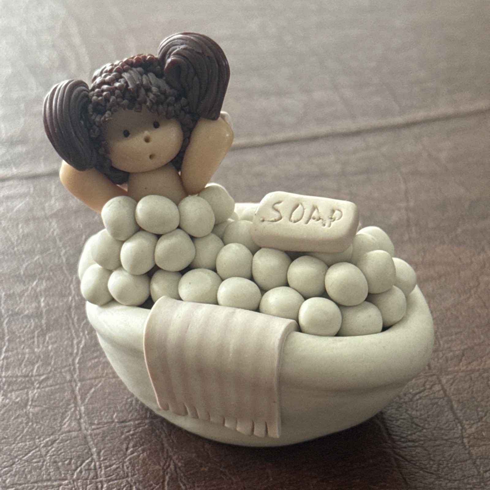 Vtg 1993 Polymer Clay Bath time Bubbles Boy & Girl Figurines; Set Of 2