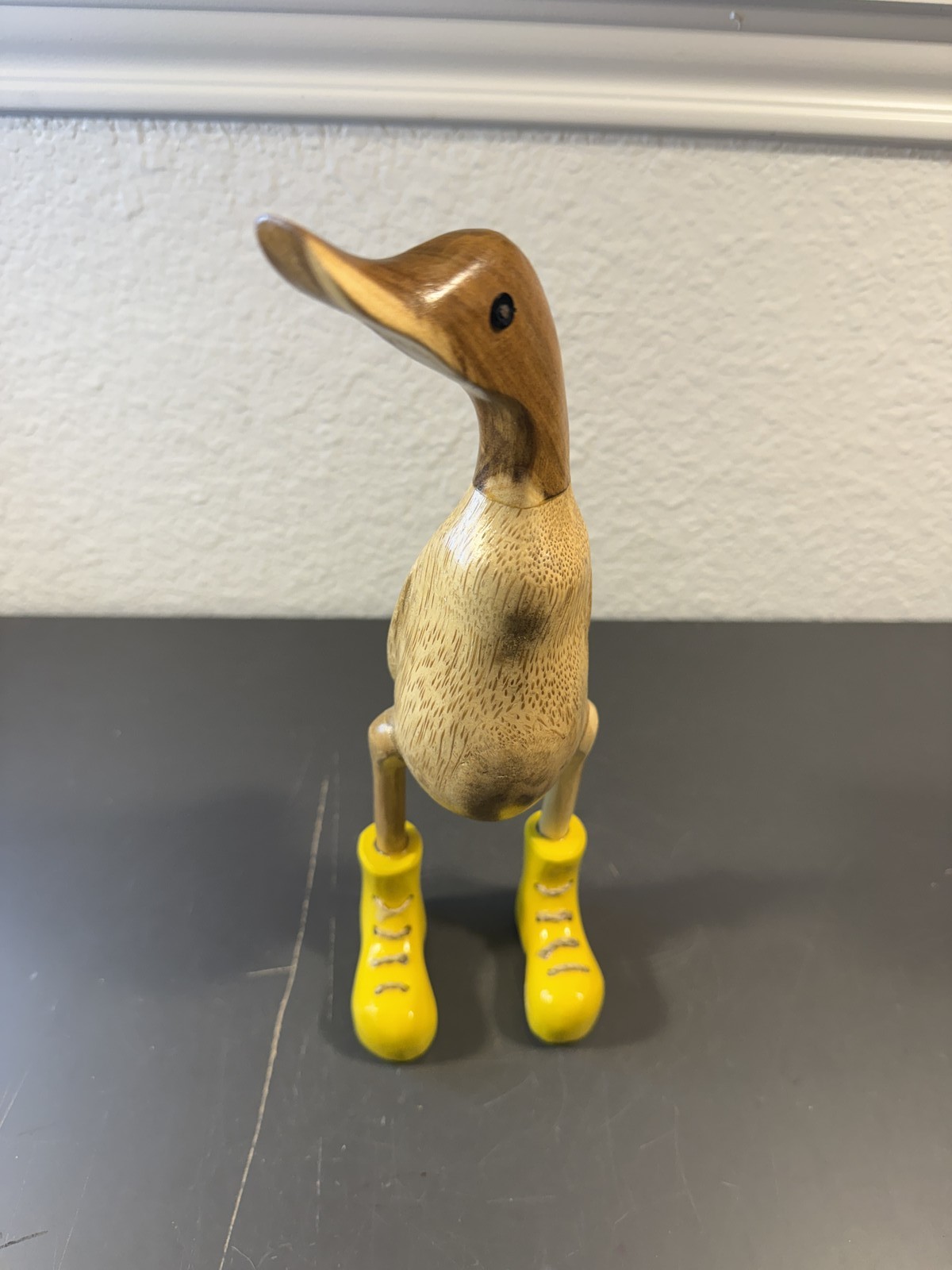 Charming Wooden Duck Figurine in Yellow Rain Boots Hand Carved Decorative