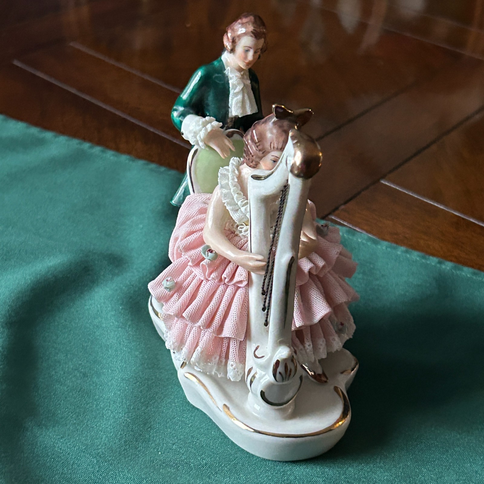 DRESDEN ART Germany, Porcelain LACY FIGURINE, Woman Playing Harp, 5″L, 5-1/2″H