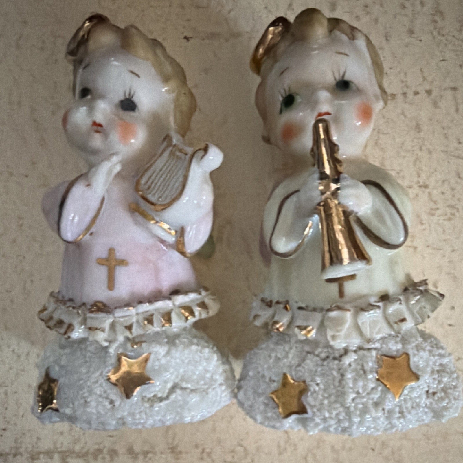 Angel Figurine Pair Porcelain Hand Painted Musical Instruments Gold Stars Patte…