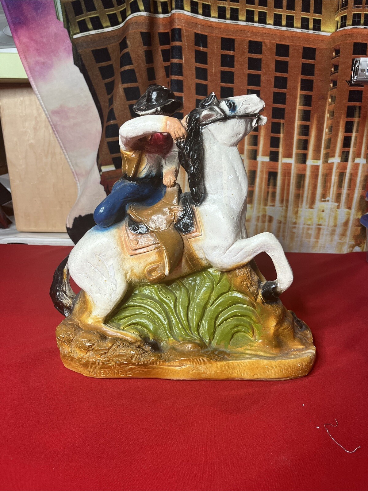Vintage 1950s-70s Horse Rider Made In Mexico Hand Painted Chalk Statue.