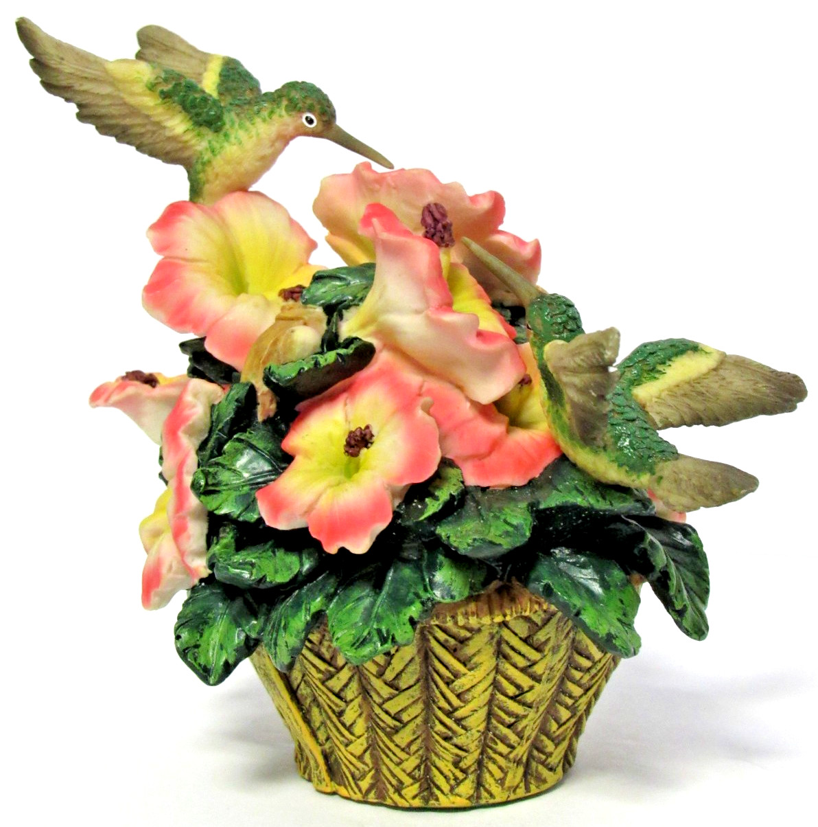 HERITAGE HOUSE “HUMMINGBIRDS ON FLOWER BASKET” ~ (5.25″ TALL) ~ ** PORCELAIN **
