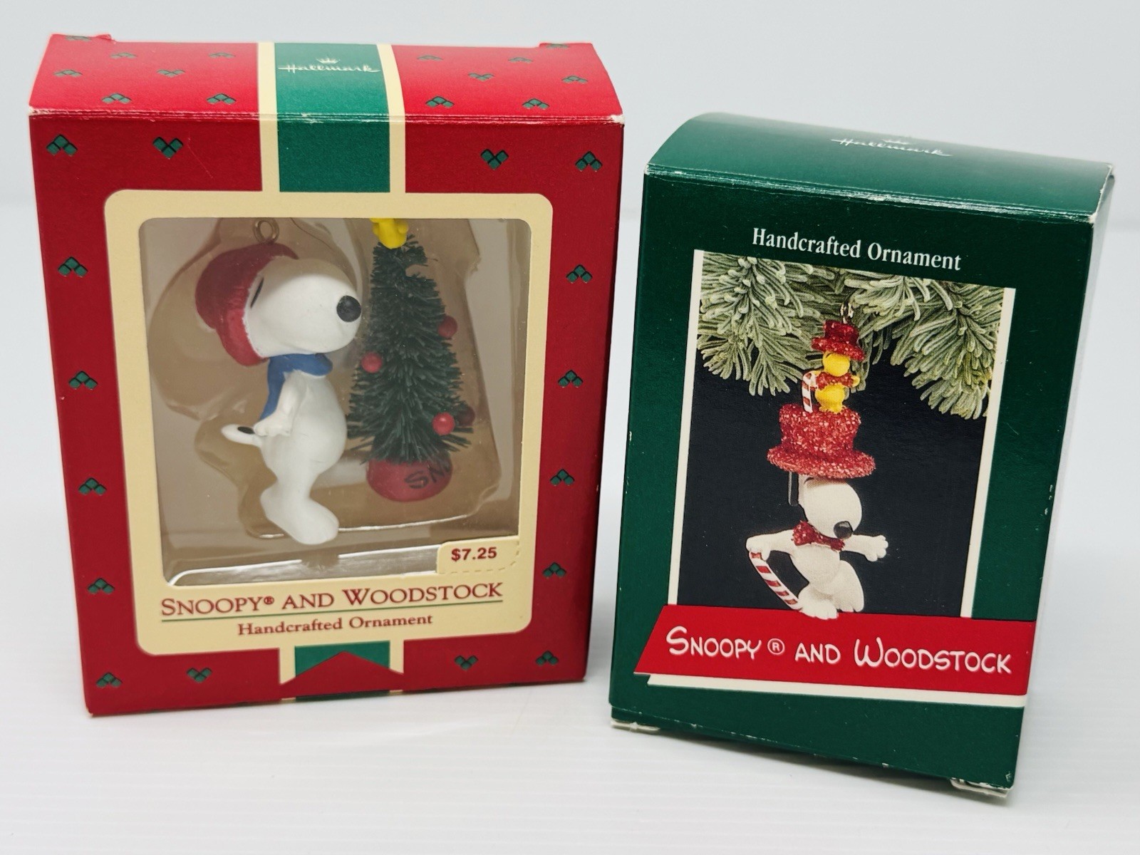 VTG HALLMARK SNOOPY & WOODSTOCK Bottlebrush Tree & Top Hats Ornaments Lot of 2