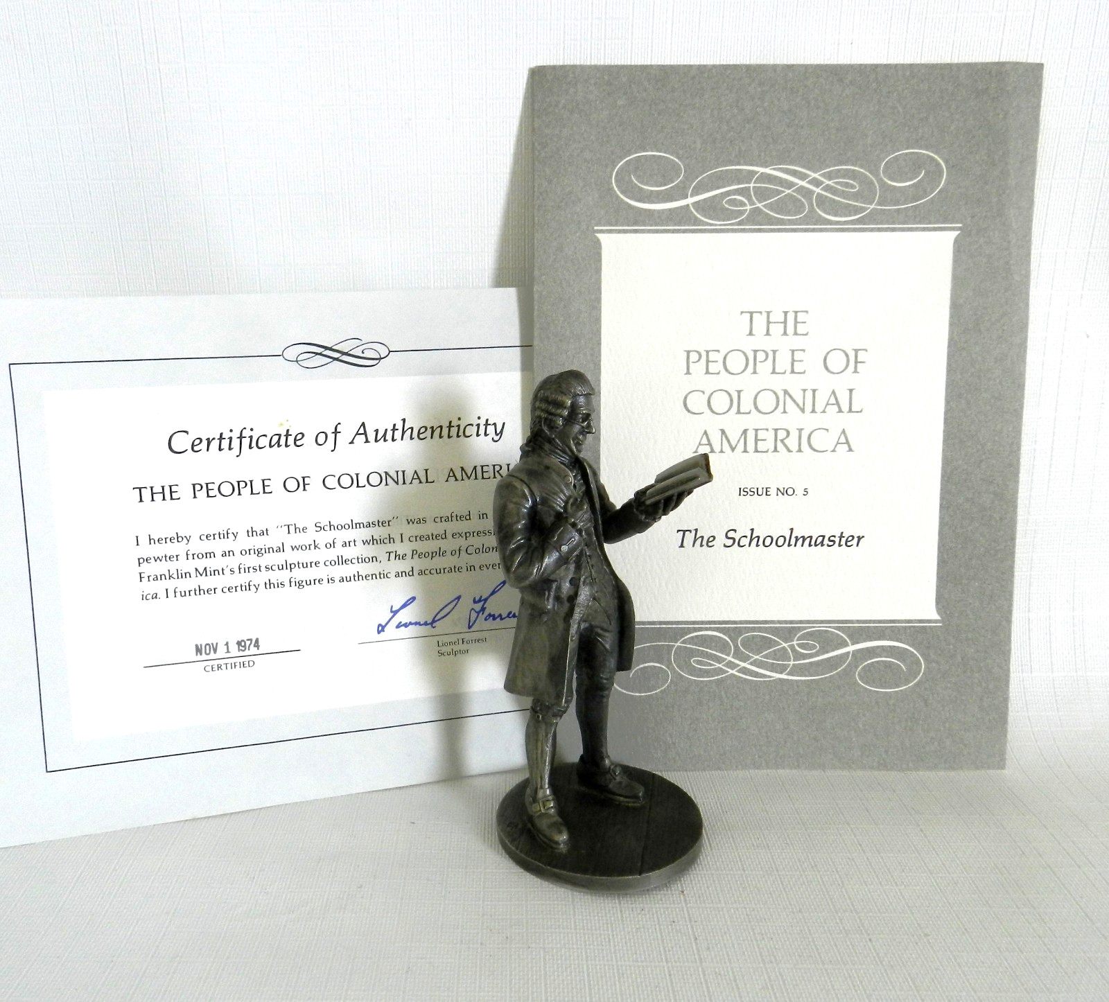 The Schoolmaster Franklin Mint Fine Pewter Figurine Colonial America Issued 1974